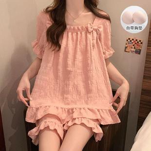 睡衣女夏天新款 学生家居服 带胸垫防凸点甜美蝴蝶结公主风短袖 套装