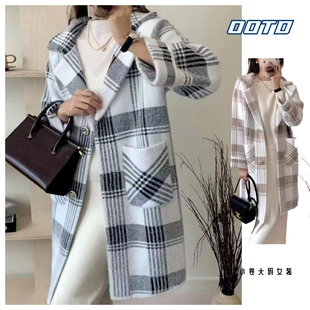 复古宽松加厚开衫 领格子大衣中长款 潮 毛呢外套女西装 2025秋冬新款