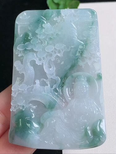天然A货翡翠 缅甸正品玉坠  飘花大自在观音山水牌吊坠 意境挂件