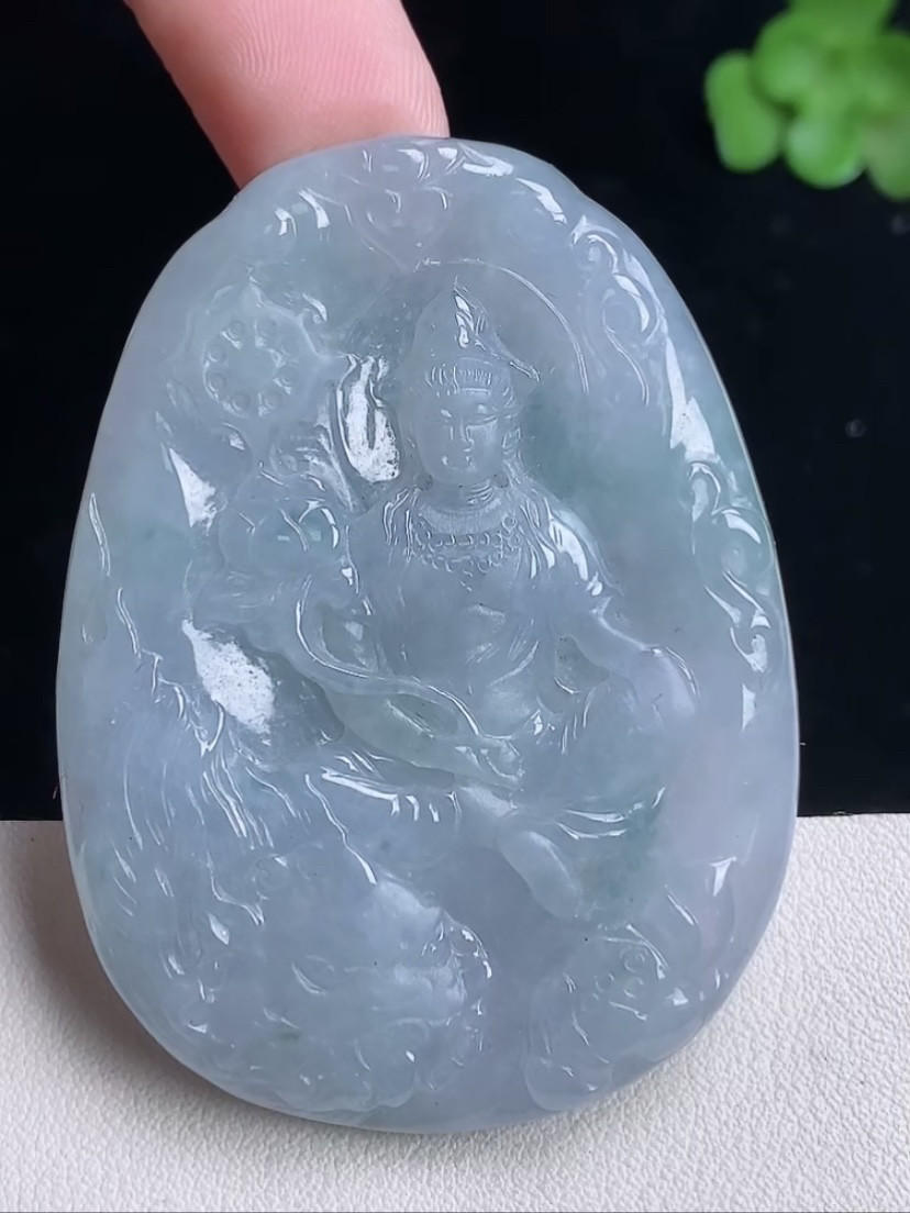 天然A货翡翠 缅甸正品玉坠紫罗兰飘花文殊菩萨吊坠  生肖兔守护神