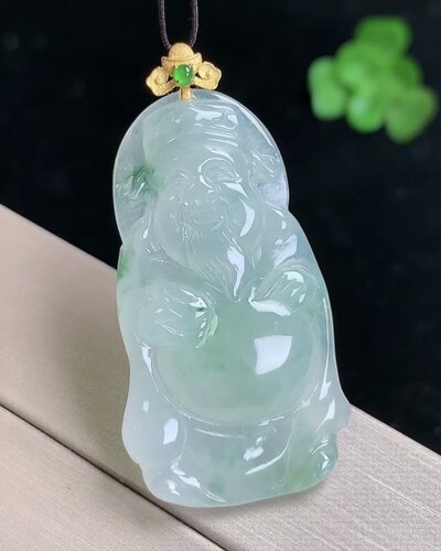 天然A货翡翠 缅甸正品玉坠 18k金镶冰润飘花财神爷吊坠