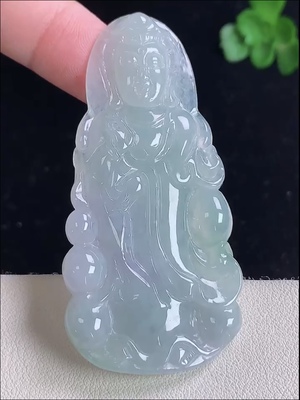 天然A货翡翠 缅甸正品玉坠 冰润宝瓶动态站观音菩萨吊坠 平平安安