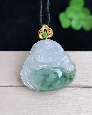 天然A货翡翠 缅甸正品玉坠 18k金镶冰种飘花笑佛 佛公吊坠