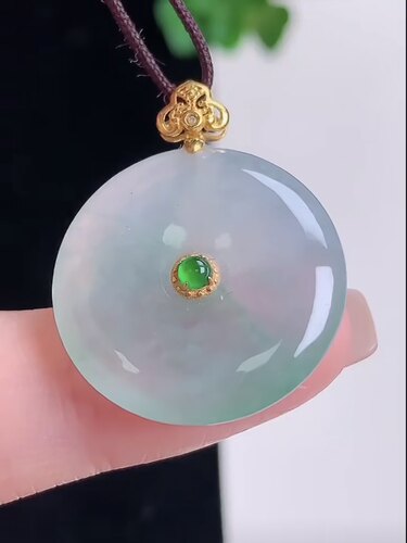 天然A货翡翠 缅甸正品玉坠  18k金镶冰润飘花平安扣吊坠