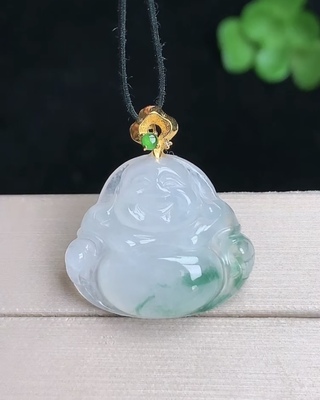 天然A货翡翠 缅甸正品玉坠 18k金镶冰种飘花笑佛 佛公吊坠