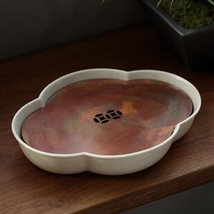 天野手作海棠铜壶承 木灰釉 紫铜盖面锡壶托干泡台 建水