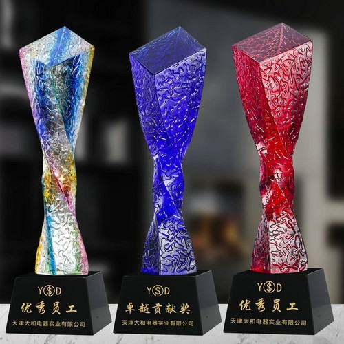 扭住奖杯公司庆典颁奖创意订制水晶扭柱奖杯蓝色红色彩色