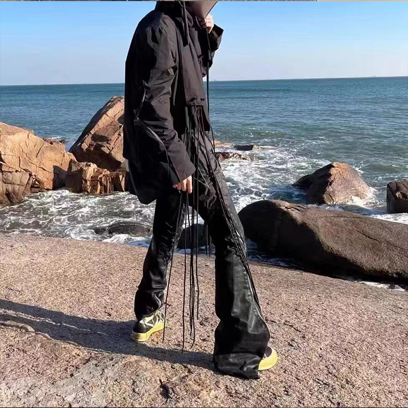 thumbnail for Uncle Tie's Original Ro-Style Double-Zip Flared Black Ribbon Jeans, Hand-Brushed Wax, Dark Black High Street Archi