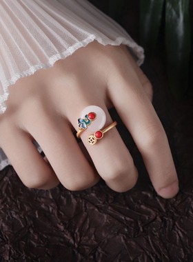 招财转运和田玉祥云戒指复古中国风小众设计开口尾戒食指S925纯银