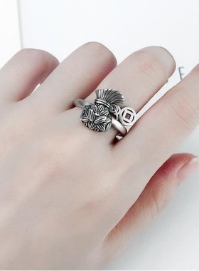 S925纯银招财莲花福袋钱币戒指食指环小众复古风国潮做旧女款开口