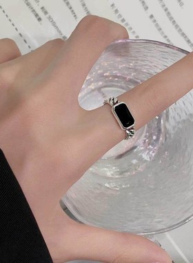 S925纯银黑玛瑙链条戒指小众设计复古黑色高级感个性潮新款食指环