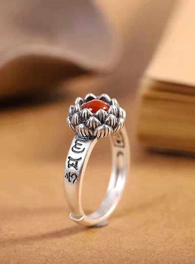 S925纯银南红莲花六字真言戒指招财转运食指环小众开口复古国潮女