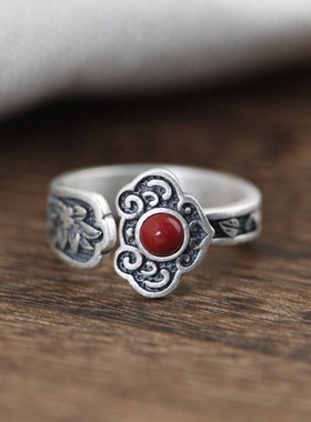 S925纯银南红玛瑙如意锁女戒指食指轻奢环复古做旧国潮小众可调节