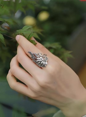 国潮孔雀招财转运戒指S925纯银复古风指环开口女食指时尚小众轻奢