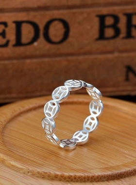 S925纯银招财转运如意铜钱戒指复古百搭简约素款食指环女款可调节