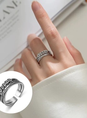 S925纯银招财转运五帝钱钱币戒指女食指复古风指环小众百搭可调节