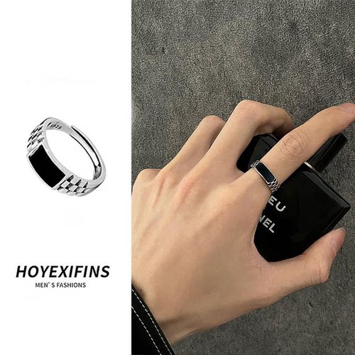 S925纯银原创设计棋盘格戒指情侣小众简约个性食指指环时尚气质潮