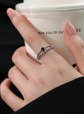 S925纯银黑色锆石双层戒指小众设计感轻奢百搭双层食指环女款开口