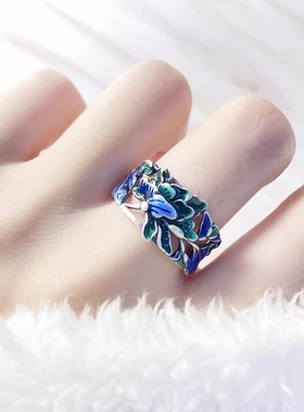S925纯银烧蓝珐琅莲花锦鲤戒指女复古风国潮做旧彩色招财转运开口