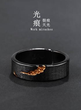 S925纯银光痕戒指男款新款时尚小众食指环高级感复古黑色潮流百搭