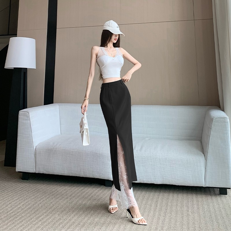 法式蕾丝拼接灰色西装中长裙2025年夏季高腰设计感开叉直筒半身裙