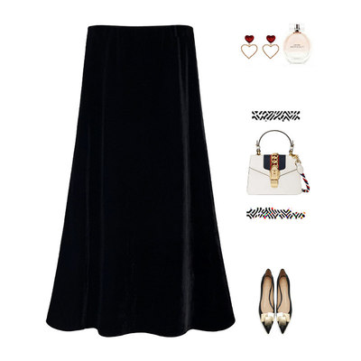 黑色金丝绒半身长裙加厚A