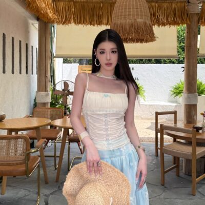 法式蓝色碎花长裙纯欲吊