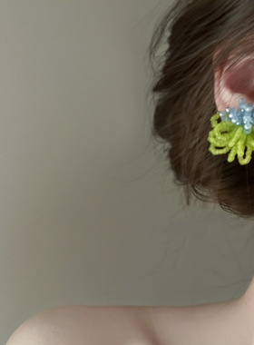 青山过雾 925银针水晶复古撞色串珠耳夹花朵流苏米珠手工编织