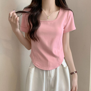方领短袖修身T恤女2025夏季新款又a又飒洋气减龄鱼骨线短款正肩