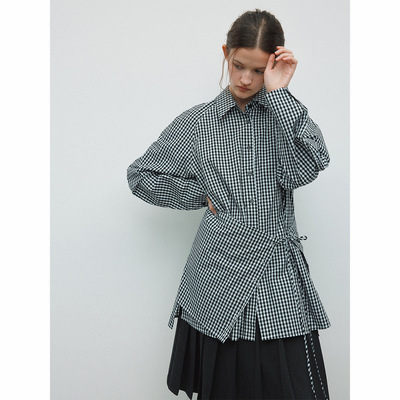 【玳禾】春季新款休闲翻领两件套轻松百搭小格子长款衬衫