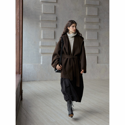 【识几】新品开售全羊毛双面呢连帽一手长外套