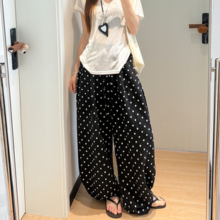 冰丝亚麻阔腿裤女夏季薄款高腰显瘦垂感宽松韩系慵懒波点裤子