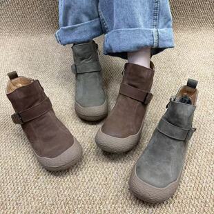 森女文艺复古绒面圆头平底女靴加绒高帮低跟短靴百搭马丁靴