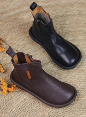 2023秋冬新款复古头层牛皮短靴软底软面圆头一脚蹬侧拉链紧带棉靴