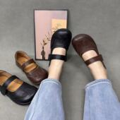 新款 平底百搭女鞋 真皮圆头复古小皮鞋 2026秋季 女浅口松紧带平底鞋