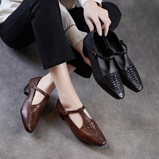 复古尖头镂空编织浅口单鞋2026春季新款T字玛丽珍鞋粗跟真皮女鞋