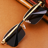 正品 天然水晶石头镜半框商务纯钛架茶色镜太阳镜清凉养目开车墨镜