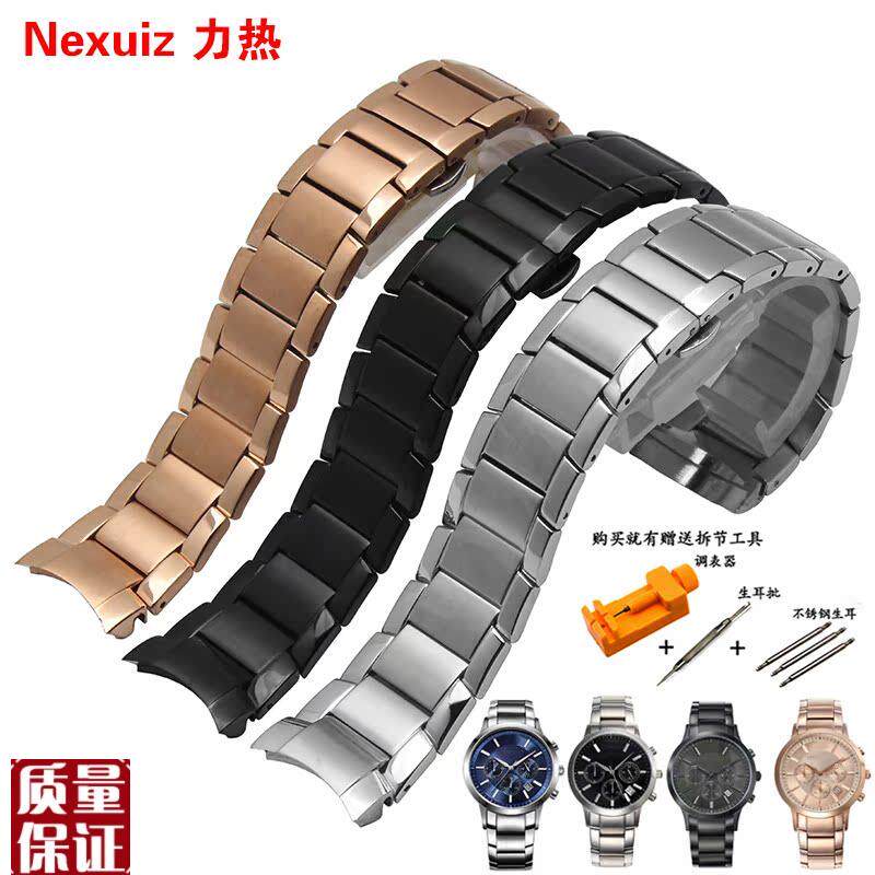 实心弧口钢表带适配阿玛尼AR2448AR2434精钢表链蝴蝶Y扣22mm男