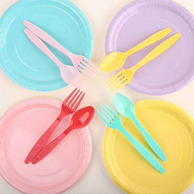 彩色一次性叉勺餐具生日野餐纸盘