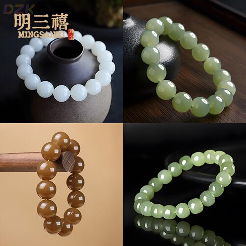 外蒙料新疆和田玉青白玉手串碧玉糖料老形珠手链晴水绿直播货源t3