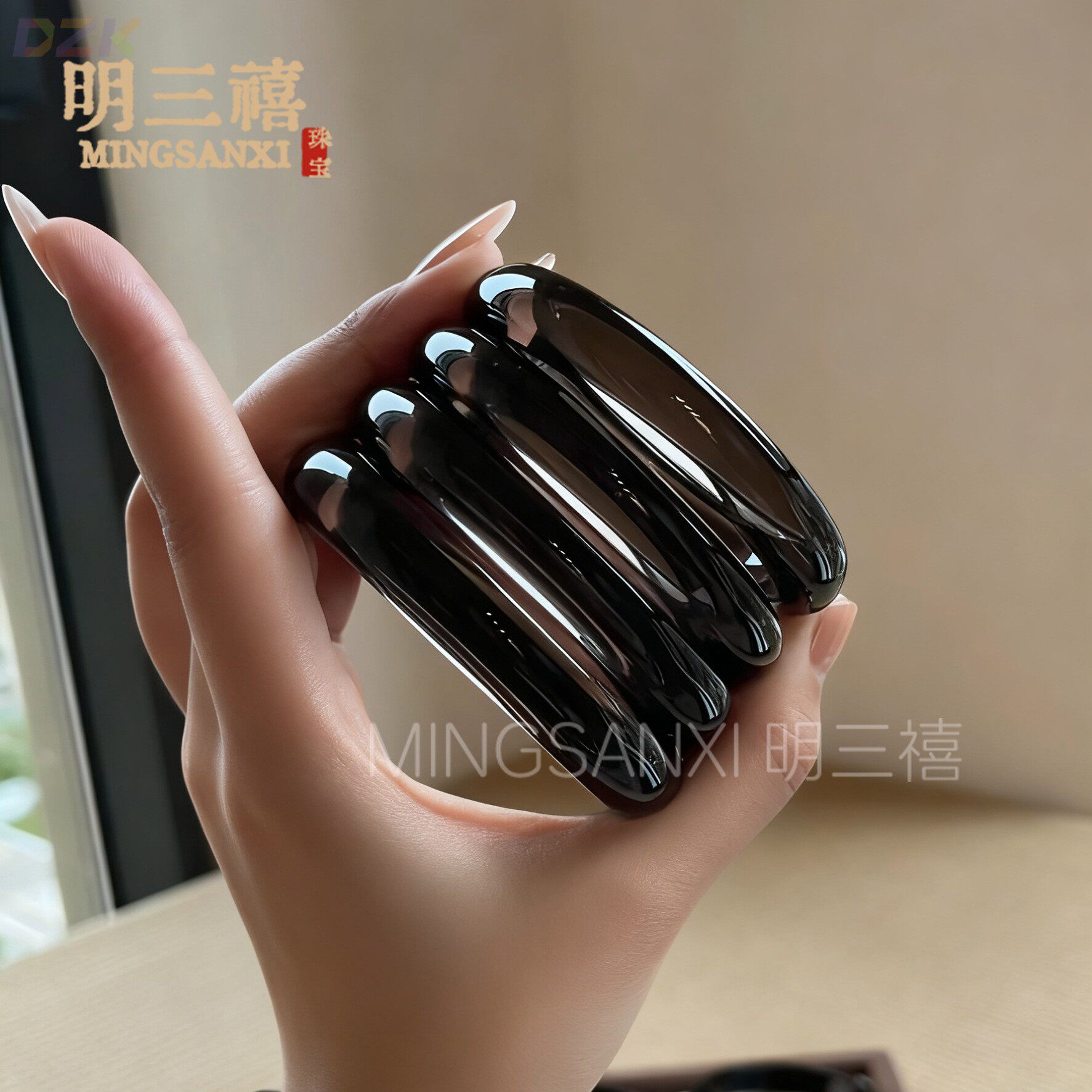 天然冰种黑曜石手镯 净体高冰透冰曜石玉石镯子男女款 冰茶晶显t6