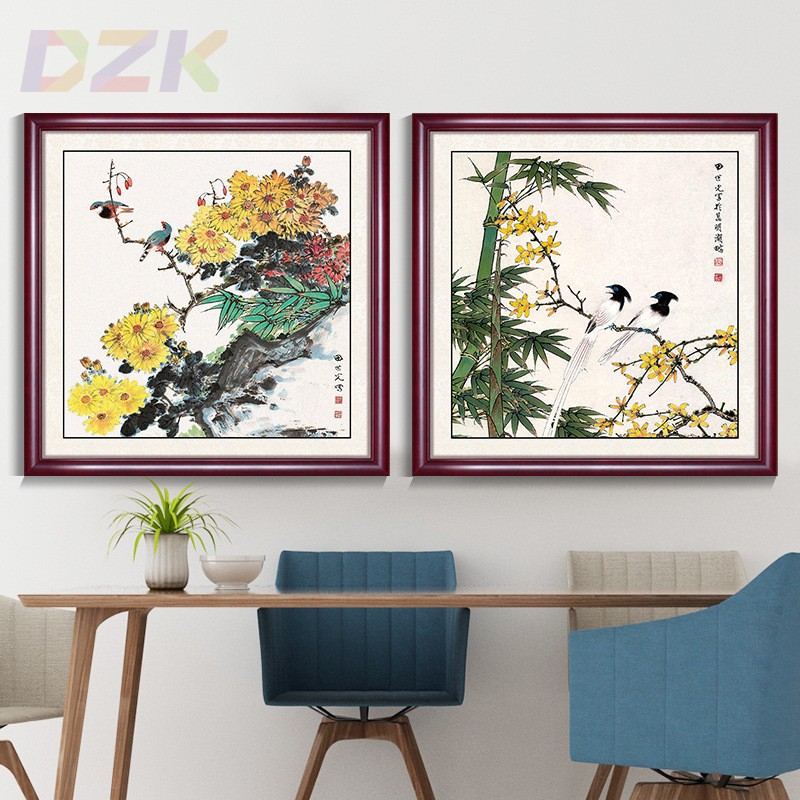 国画花鸟画方形水墨画办公室客厅玄关书房装饰画实木画框斗方高.6图片