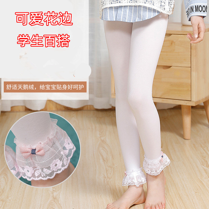 儿童连裤袜夏季女童打底裤宝宝丝袜薄款舞蹈袜防勾丝九分花边白色