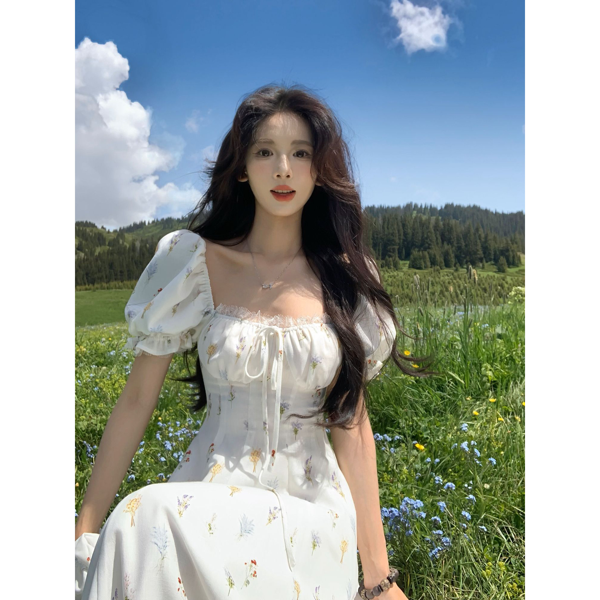 一颗甜桃yikett山茶花野夏季短袖碎花连衣裙女收腰度假风长裙