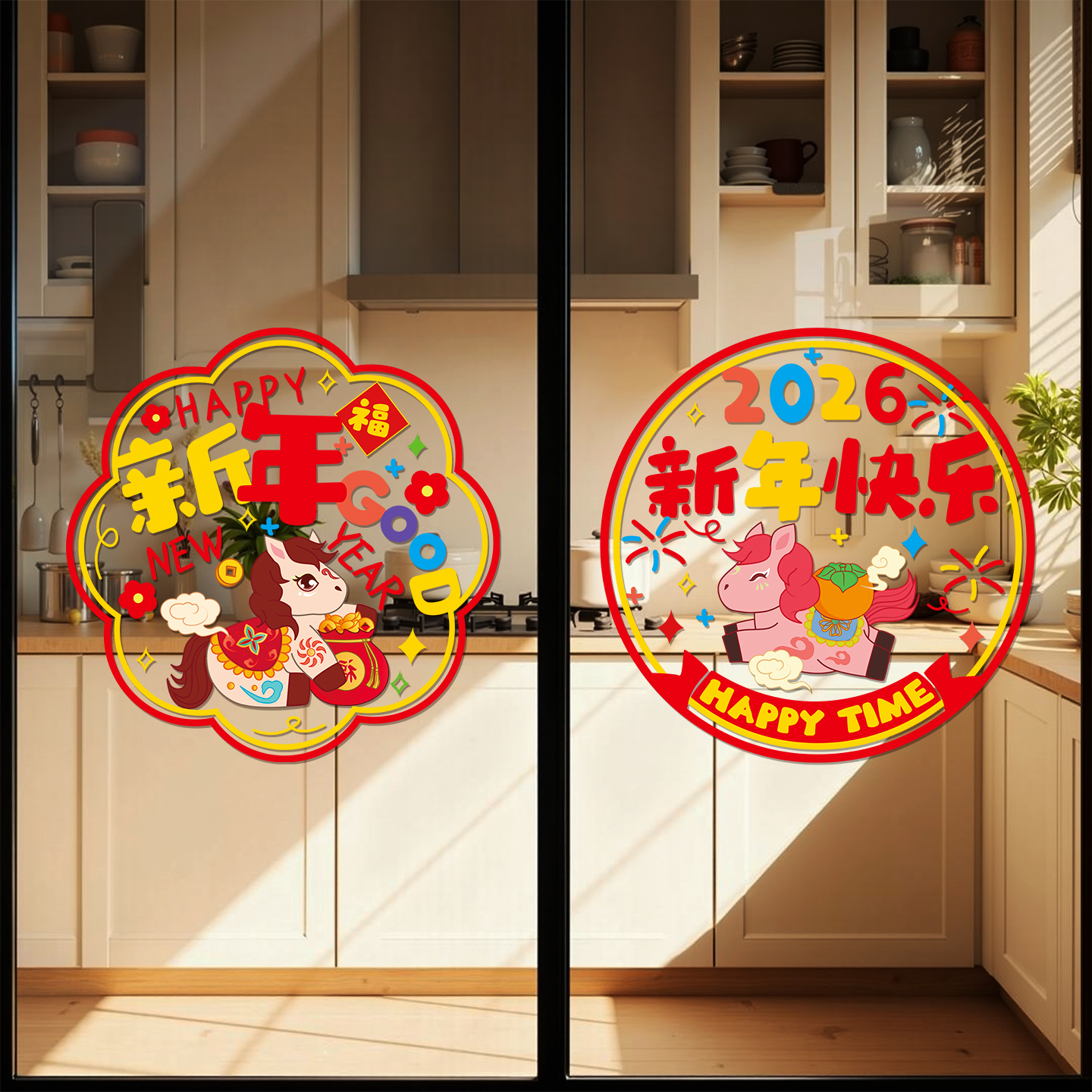 新年装饰2026厨房玻璃门静电贴纸
