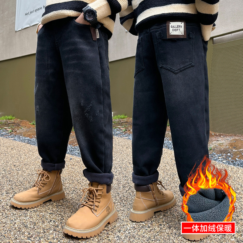 男童冬季加绒牛仔裤2024新款