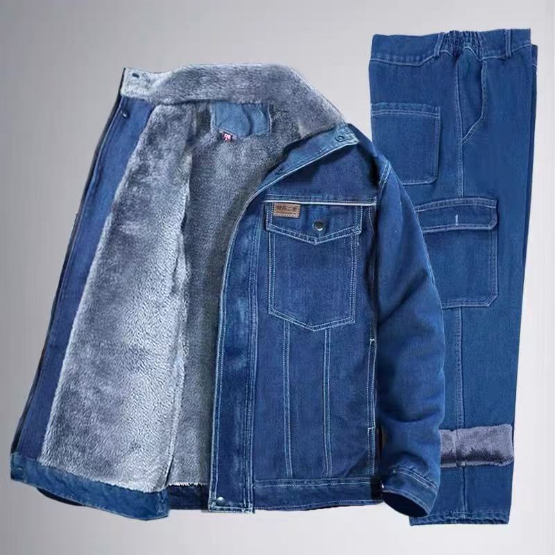 冬季加绒加厚保暖牛仔工作服耐磨防烫工装电工电焊工宽松版劳保服