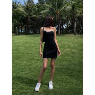 显瘦收腰性感短款 ousph黑色辣妹吊带针织连衣裙女2024夏修身 包臀
