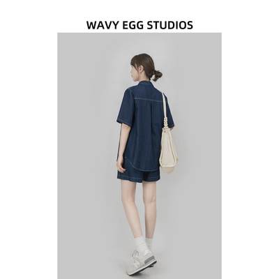 WAVY EGG波浪蛋休闲短袖牛仔衬衫外套女宽松高腰阔腿短裤两件套装