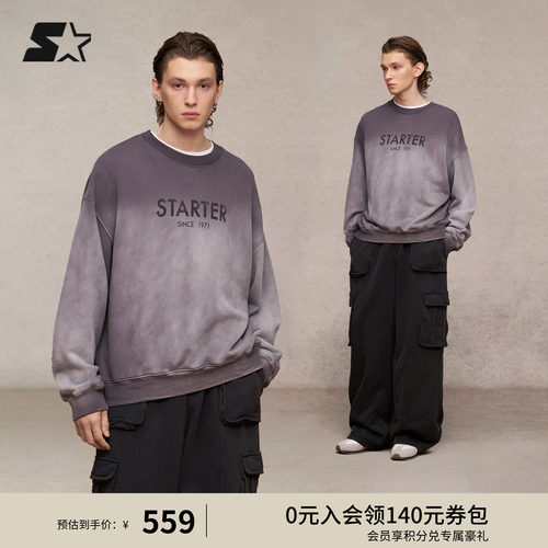 STARTER卫衣春秋新款美式复古做旧印花圆领男款长袖情侣上衣女生